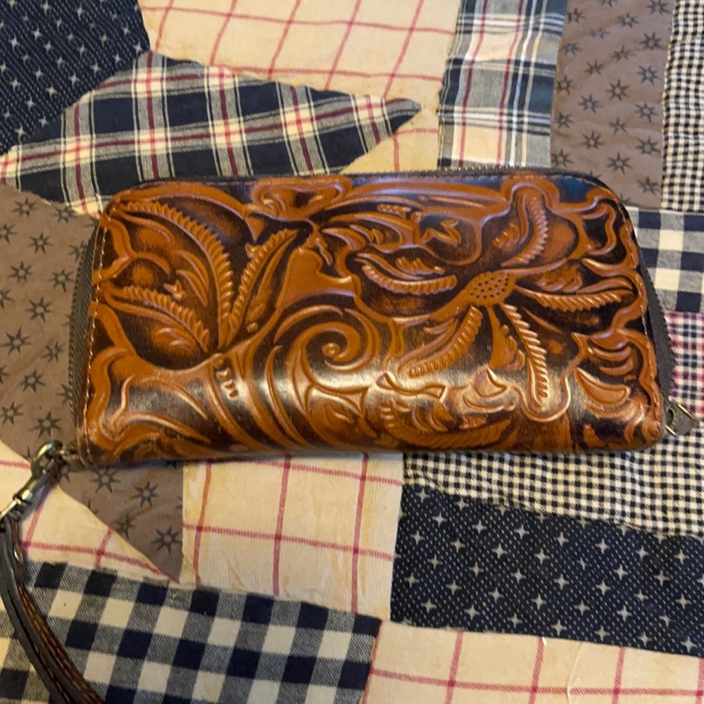 Dark brown wallet credit card area checkbook area